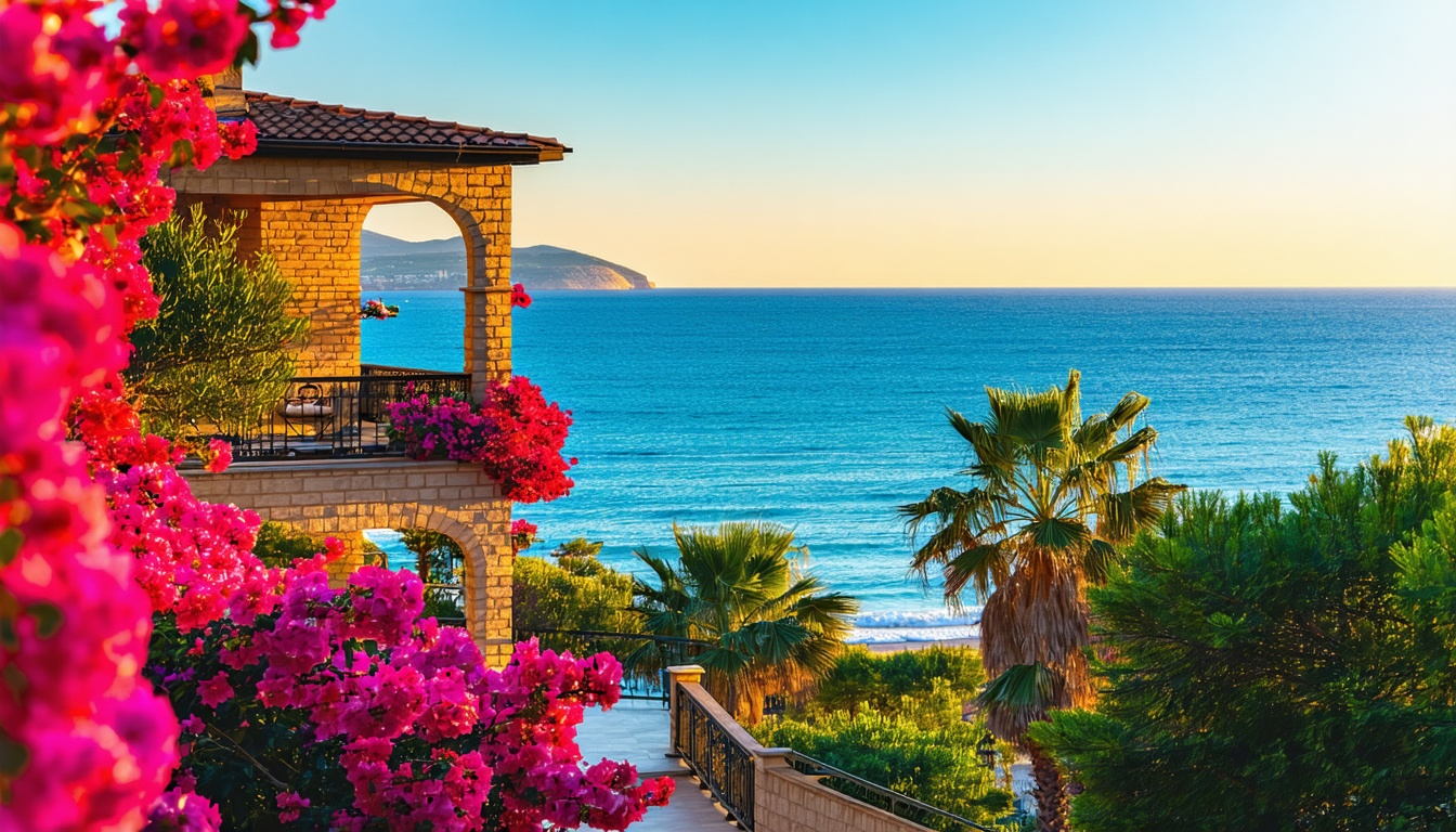 Antalya kıyısında bougainvilleali özel bir villa bahçesi ve deniz manzarası